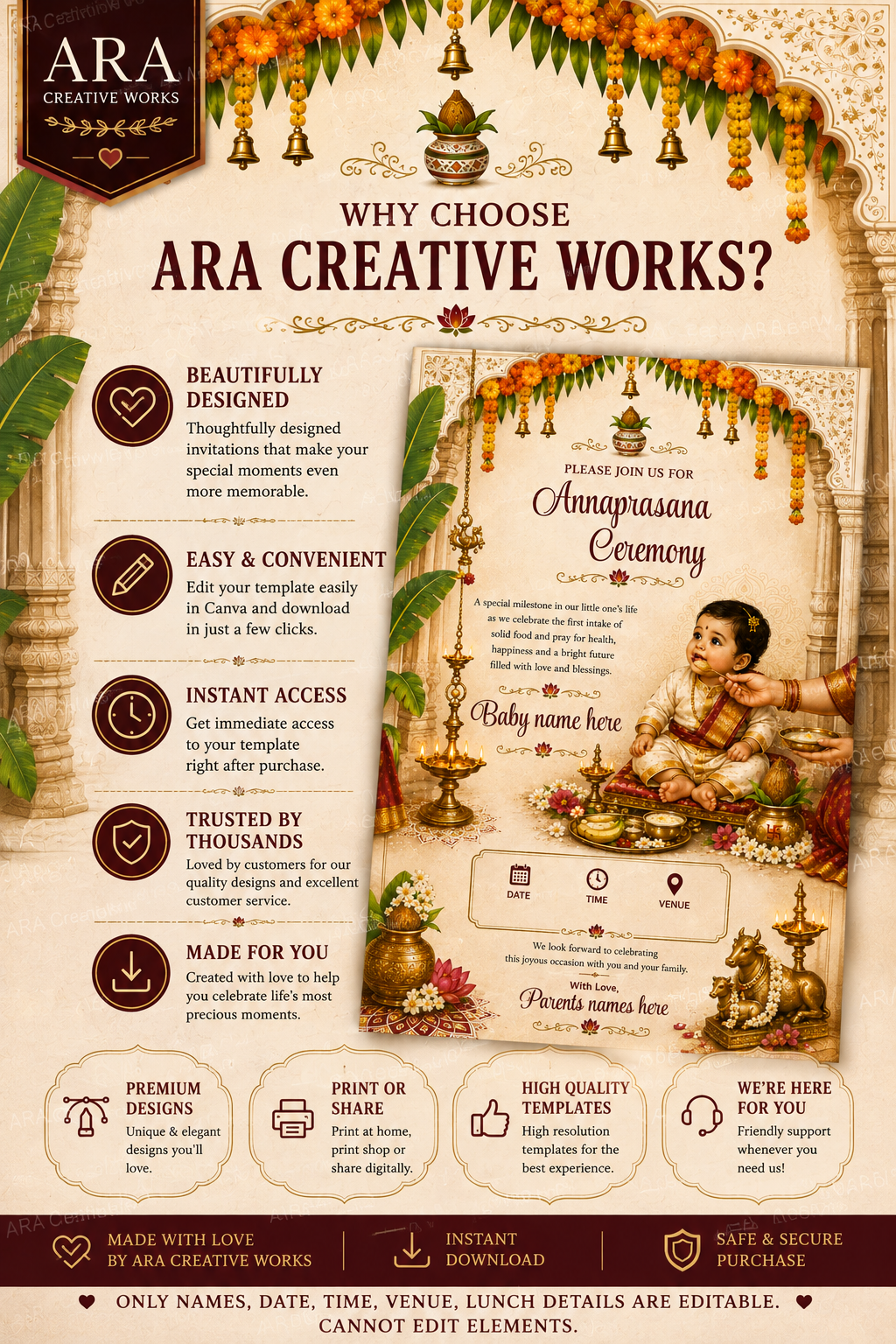 Traditional Annaprasana Ceremony Invitation Template | Editable Canva Invitation | Instant Digital Download