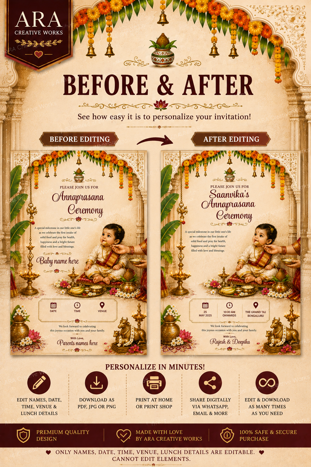 Traditional Annaprasana Ceremony Invitation Template | Editable Canva Invitation | Instant Digital Download