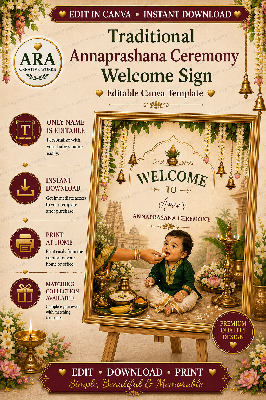 Traditional Annaprashana Ceremony Welcome Sign, Editable Canva Template, Rice Feeding Ceremony Sign, First Rice Ceremony, Indian Baby Decor