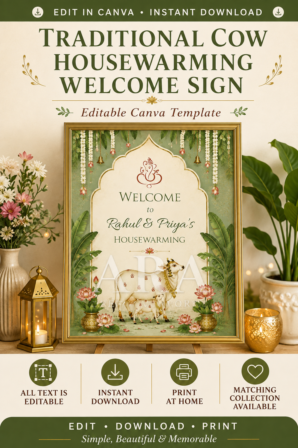 Traditional Cow Housewarming Welcome Sign | Griha Pravesh Canva Template | Indian Housewarming Sign | Editable Welcome Board | Instant Download