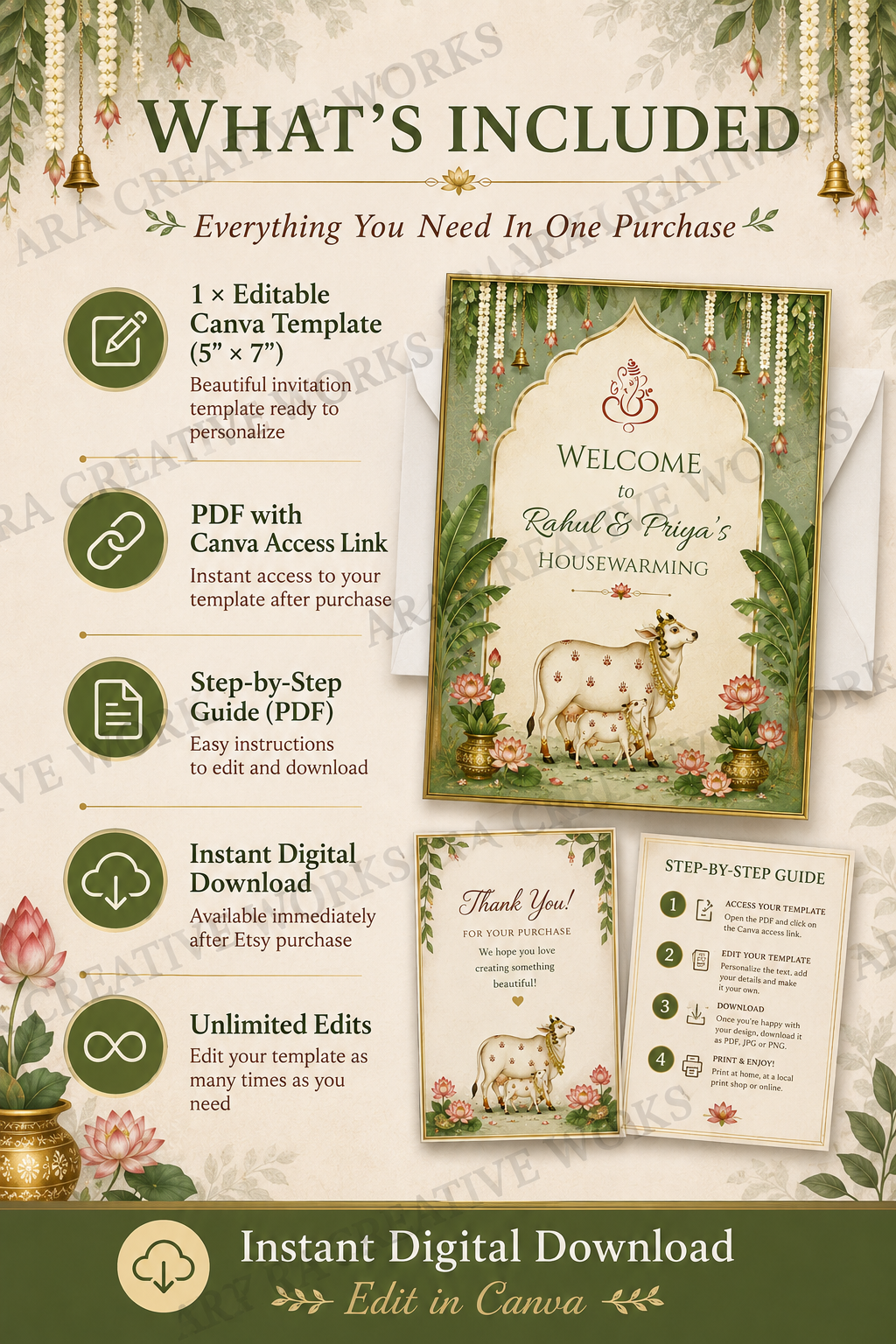 Traditional Cow Housewarming Welcome Sign | Griha Pravesh Canva Template | Indian Housewarming Sign | Editable Welcome Board | Instant Download
