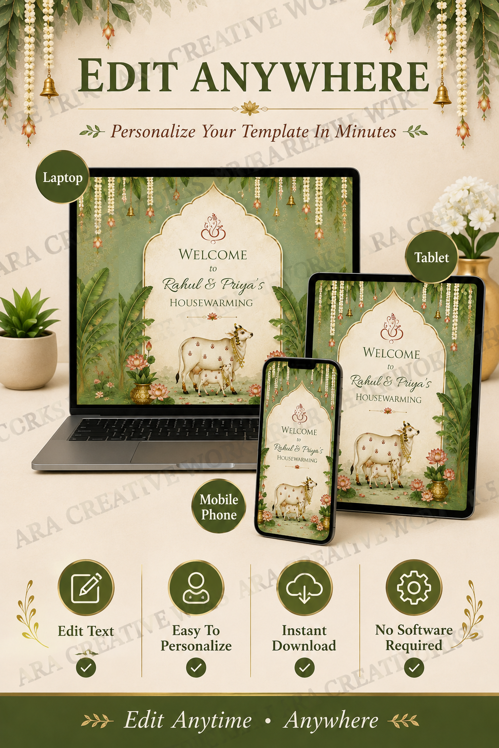 Traditional Cow Housewarming Welcome Sign | Griha Pravesh Canva Template | Indian Housewarming Sign | Editable Welcome Board | Instant Download