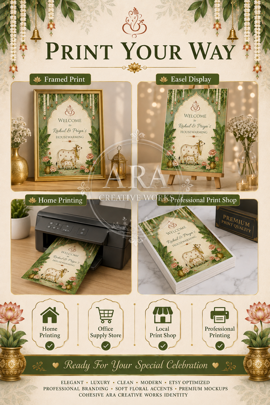 Traditional Cow Housewarming Welcome Sign | Griha Pravesh Canva Template | Indian Housewarming Sign | Editable Welcome Board | Instant Download
