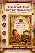 Traditional Floral Baby Girl Welcome Sign, Cradle Ceremony Welcome Board, Indian Naming Ceremony Canva Template, Namakaranam Digital Download