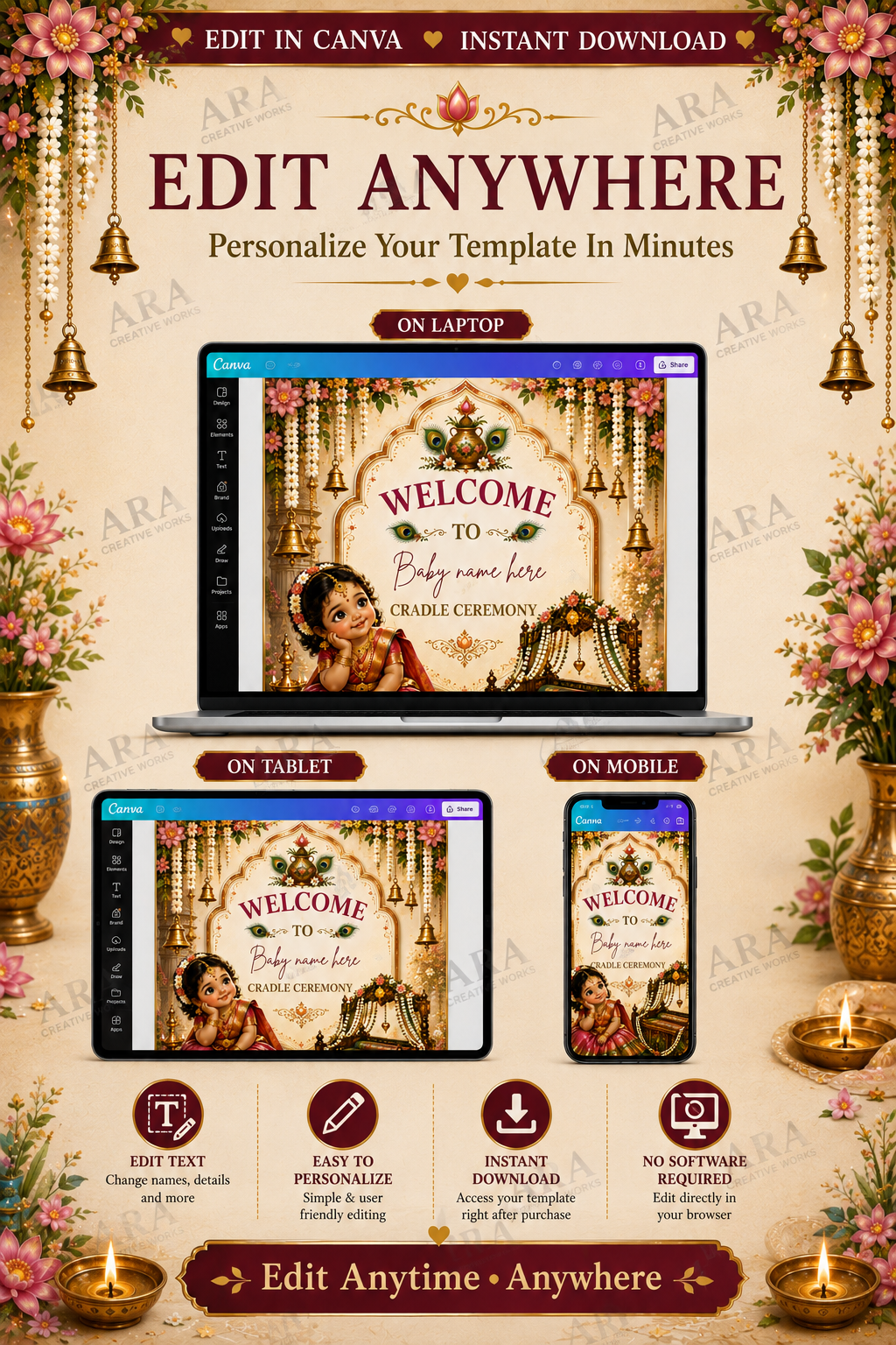 Traditional Floral Baby Girl Welcome Sign, Cradle Ceremony Welcome Board, Indian Naming Ceremony Canva Template, Namakaranam Digital Download