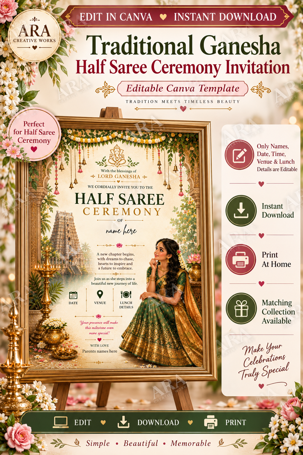 Traditional Ganesha Half Saree Ceremony Invitation | Editable Canva Template | South Indian Half Saree Invite | Instant Download