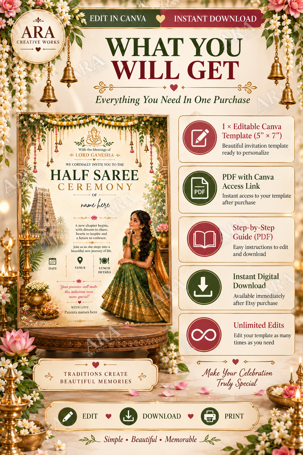 Traditional Ganesha Half Saree Ceremony Invitation | Editable Canva Template | South Indian Half Saree Invite | Instant Download