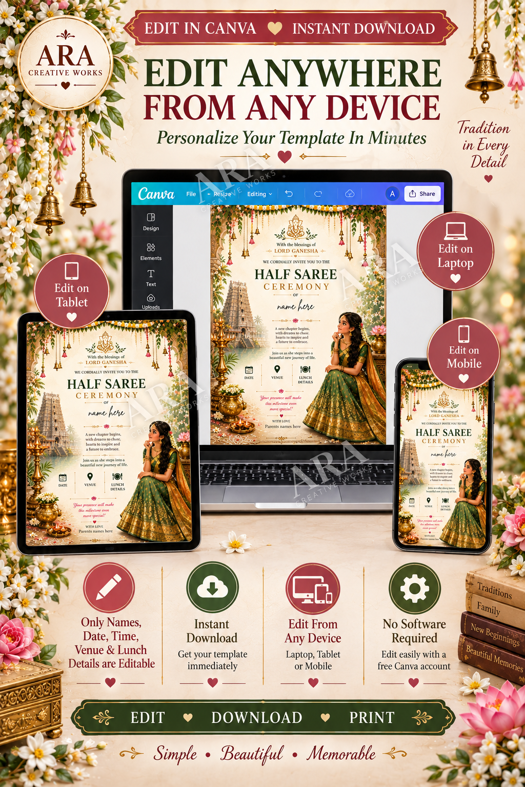Traditional Ganesha Half Saree Ceremony Invitation | Editable Canva Template | South Indian Half Saree Invite | Instant Download