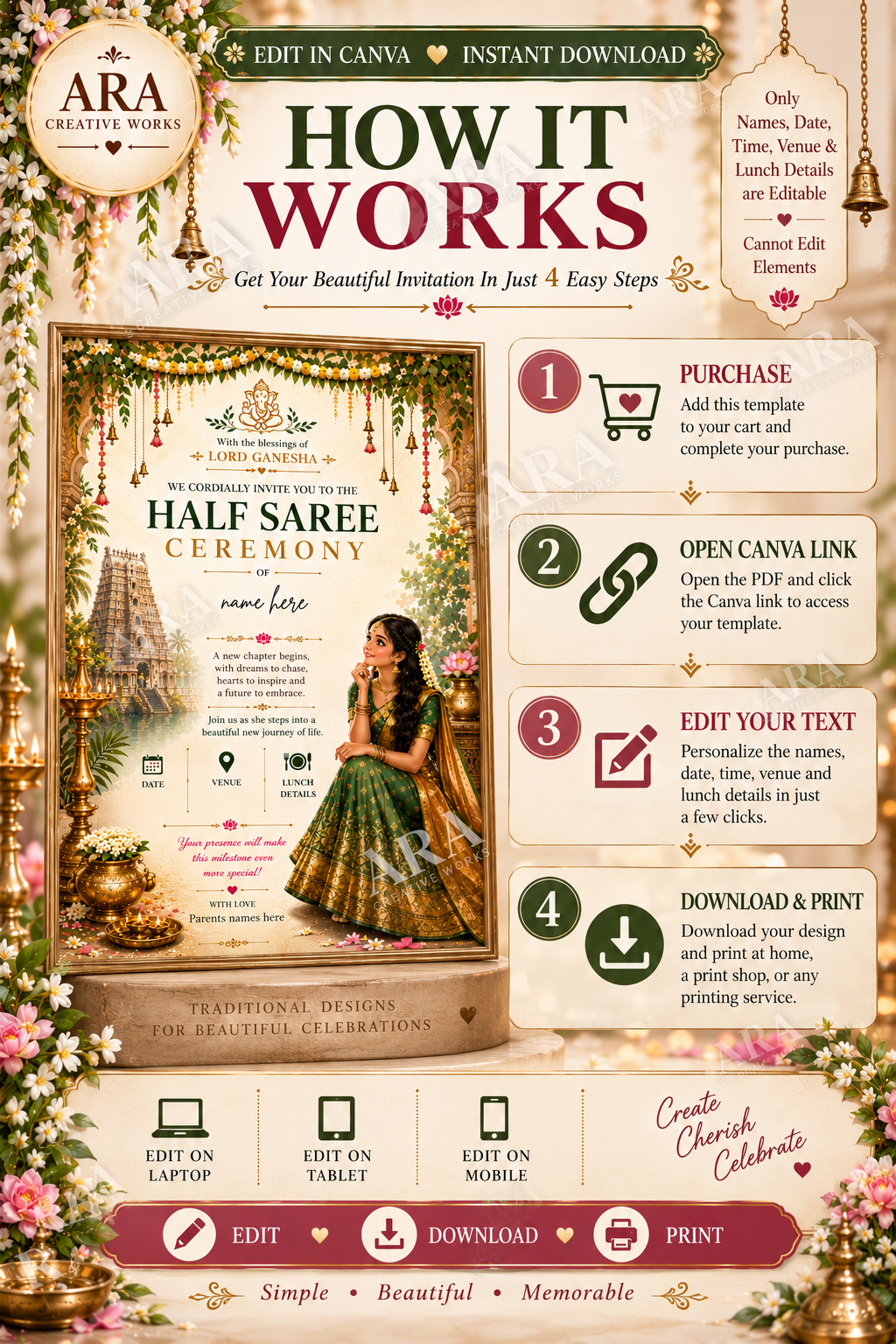 Traditional Ganesha Half Saree Ceremony Invitation | Editable Canva Template | South Indian Half Saree Invite | Instant Download