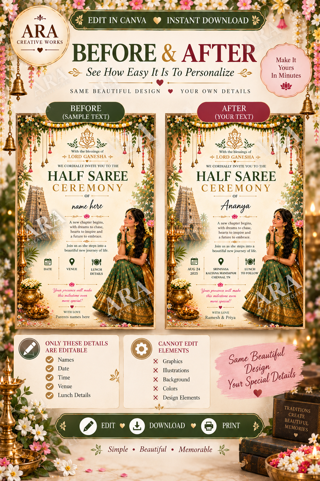Traditional Ganesha Half Saree Ceremony Invitation | Editable Canva Template | South Indian Half Saree Invite | Instant Download