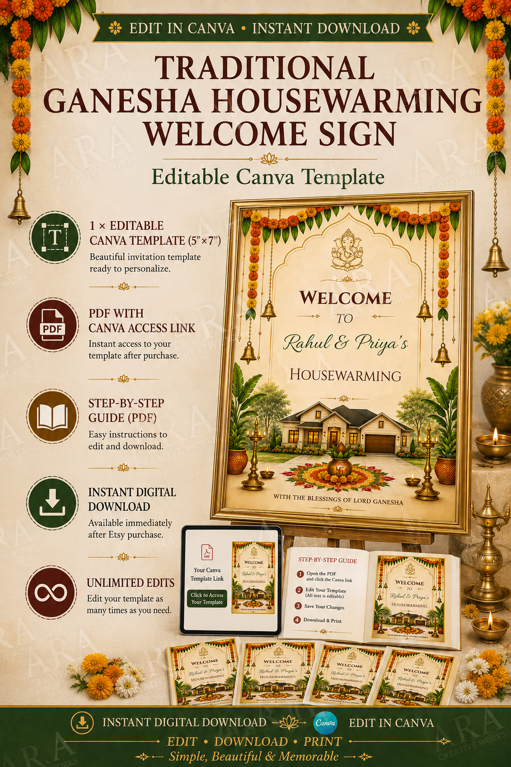 Traditional Ganesha Housewarming Welcome Sign – Editable Canva Template