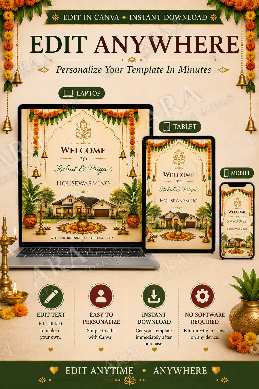 Traditional Ganesha Housewarming Welcome Sign – Editable Canva Template
