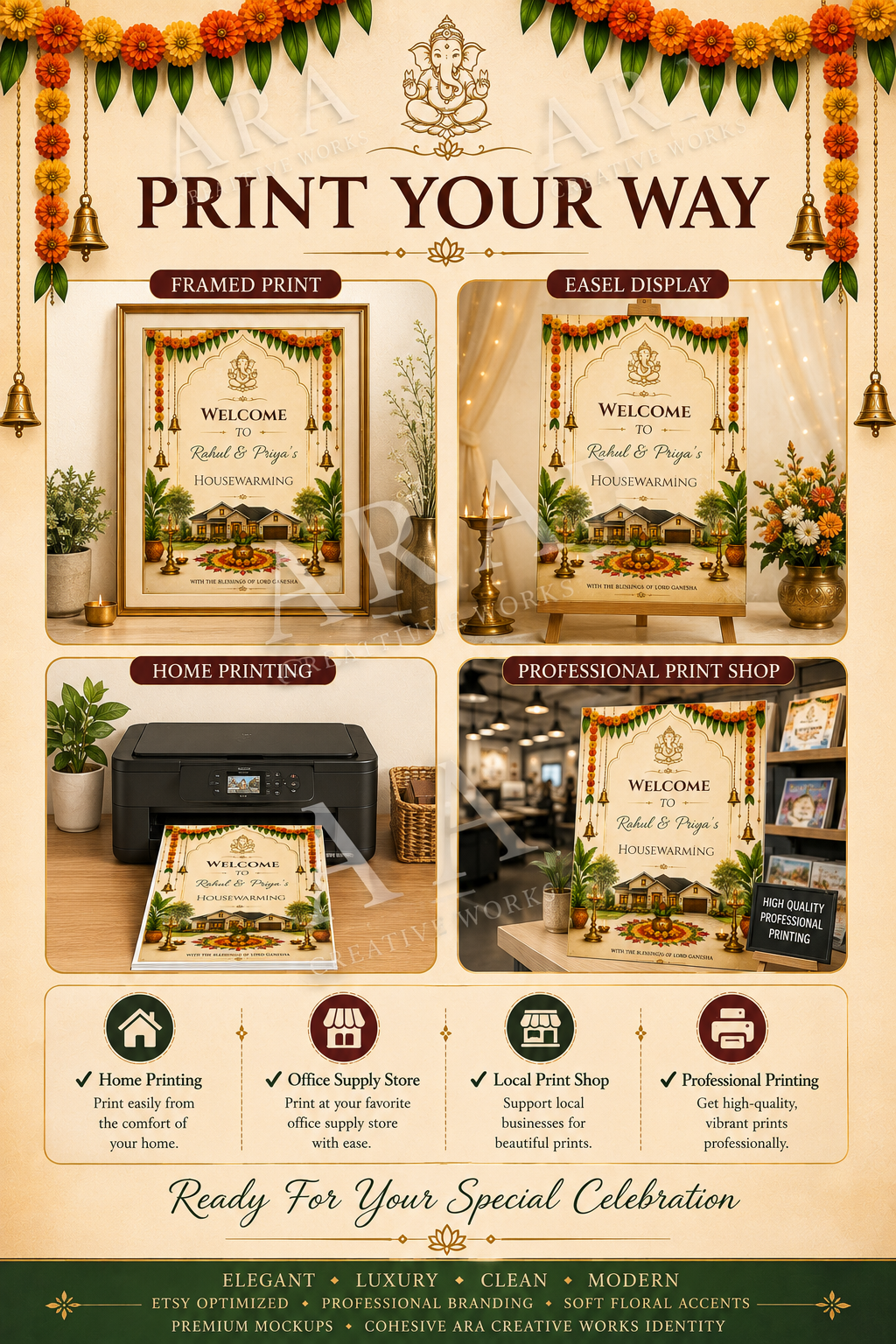 Traditional Ganesha Housewarming Welcome Sign – Editable Canva Template