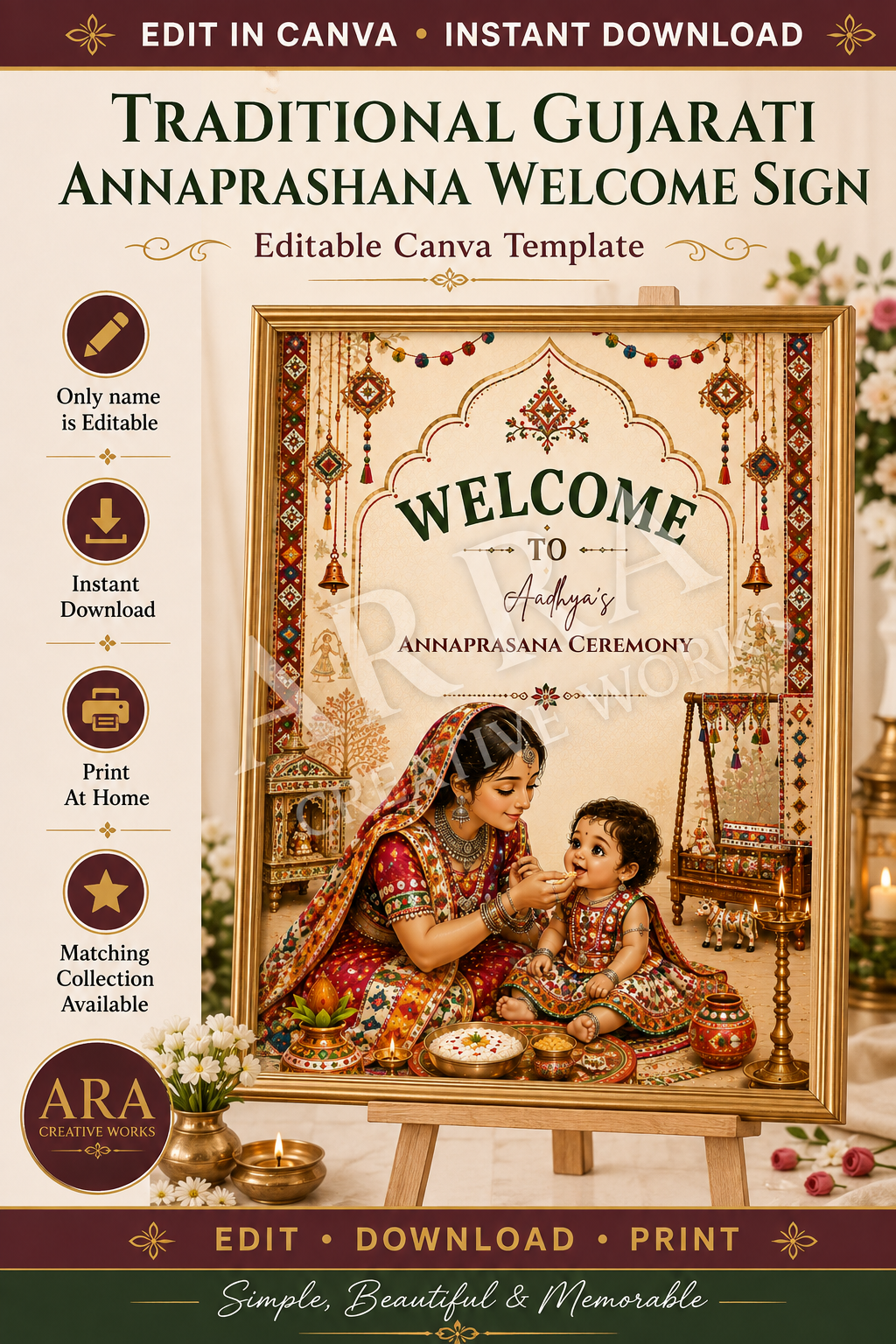 Traditional Gujarati Annaprashana Welcome Sign, Annaprasana Ceremony Sign, First Rice Ceremony, Editable Canva Template