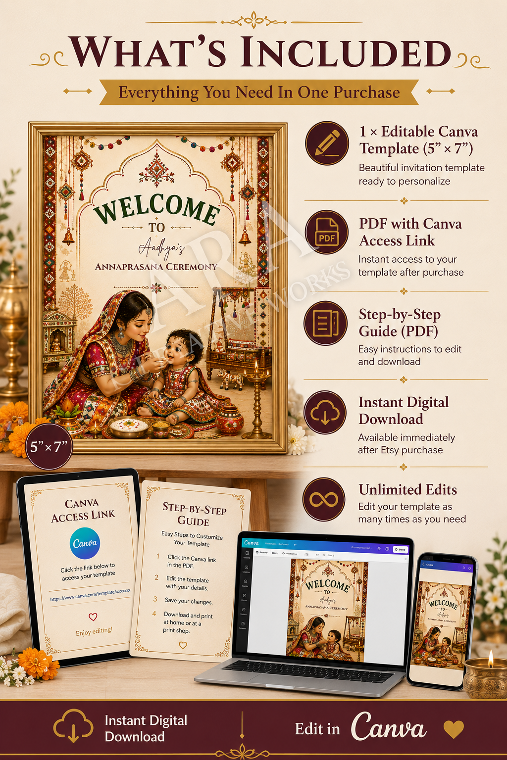 Traditional Gujarati Annaprashana Welcome Sign, Annaprasana Ceremony Sign, First Rice Ceremony, Editable Canva Template