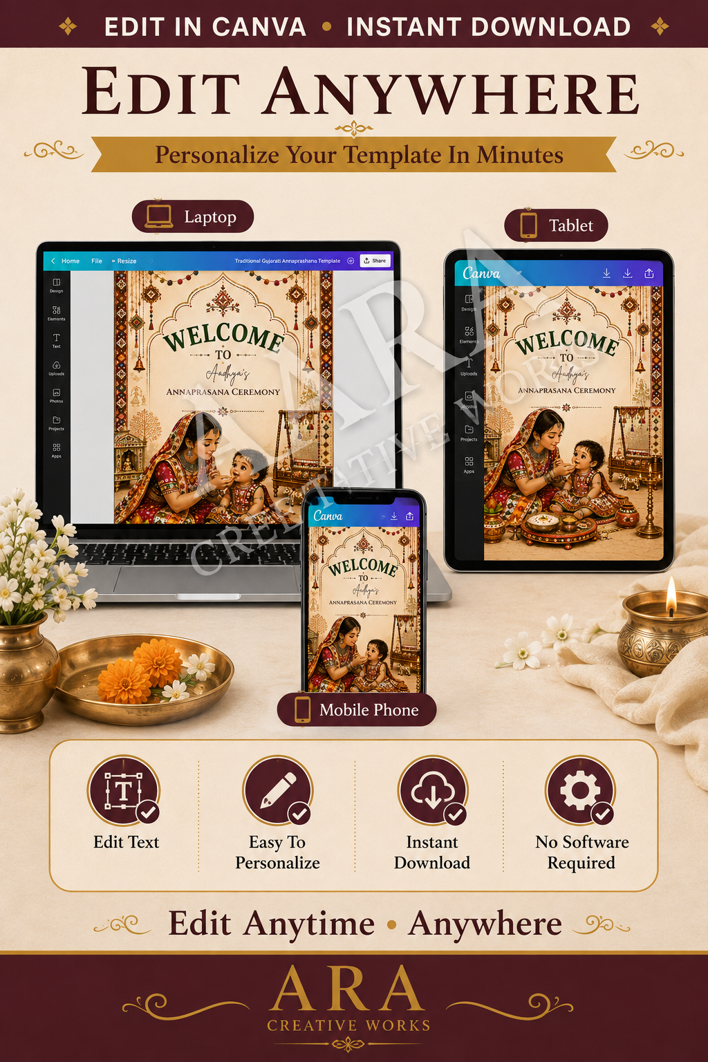 Traditional Gujarati Annaprashana Welcome Sign, Annaprasana Ceremony Sign, First Rice Ceremony, Editable Canva Template