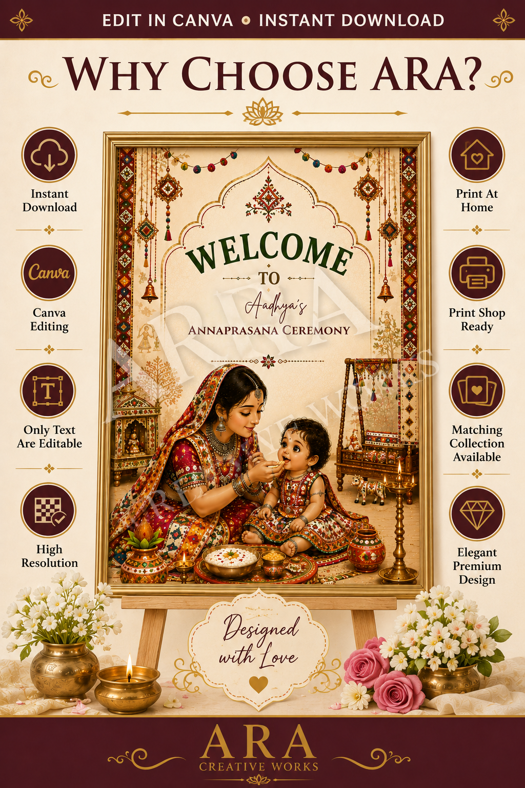 Traditional Gujarati Annaprashana Welcome Sign, Annaprasana Ceremony Sign, First Rice Ceremony, Editable Canva Template