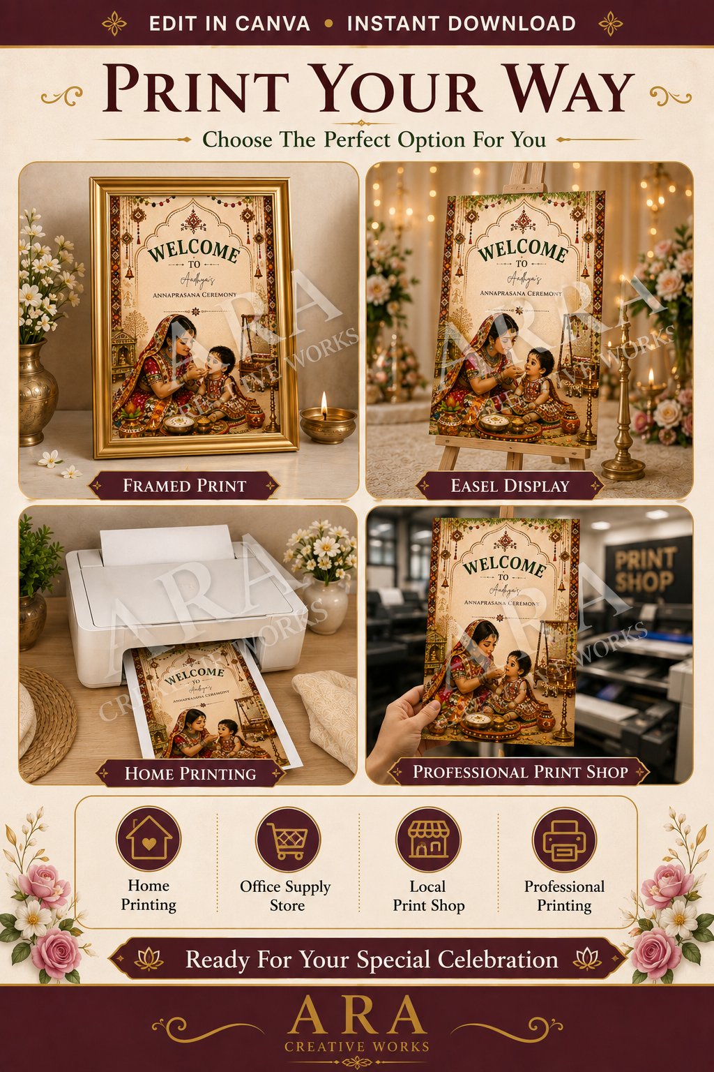 Traditional Gujarati Annaprashana Welcome Sign, Annaprasana Ceremony Sign, First Rice Ceremony, Editable Canva Template