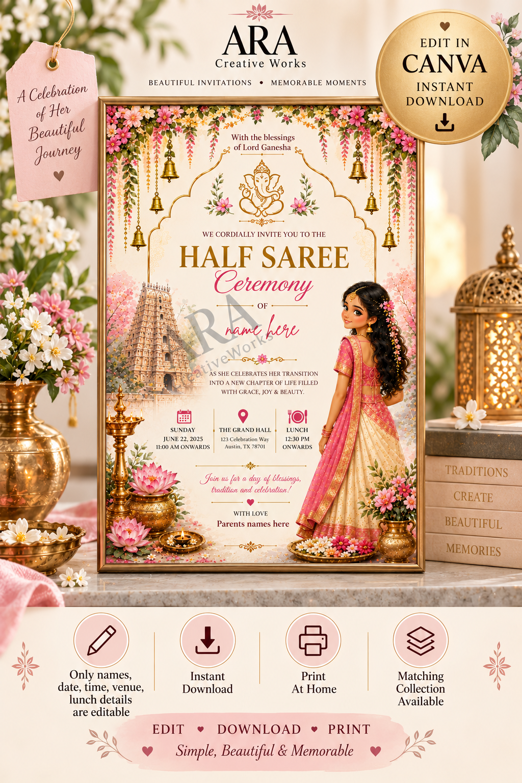 Traditional Ganesha Half Saree Ceremony Invitation