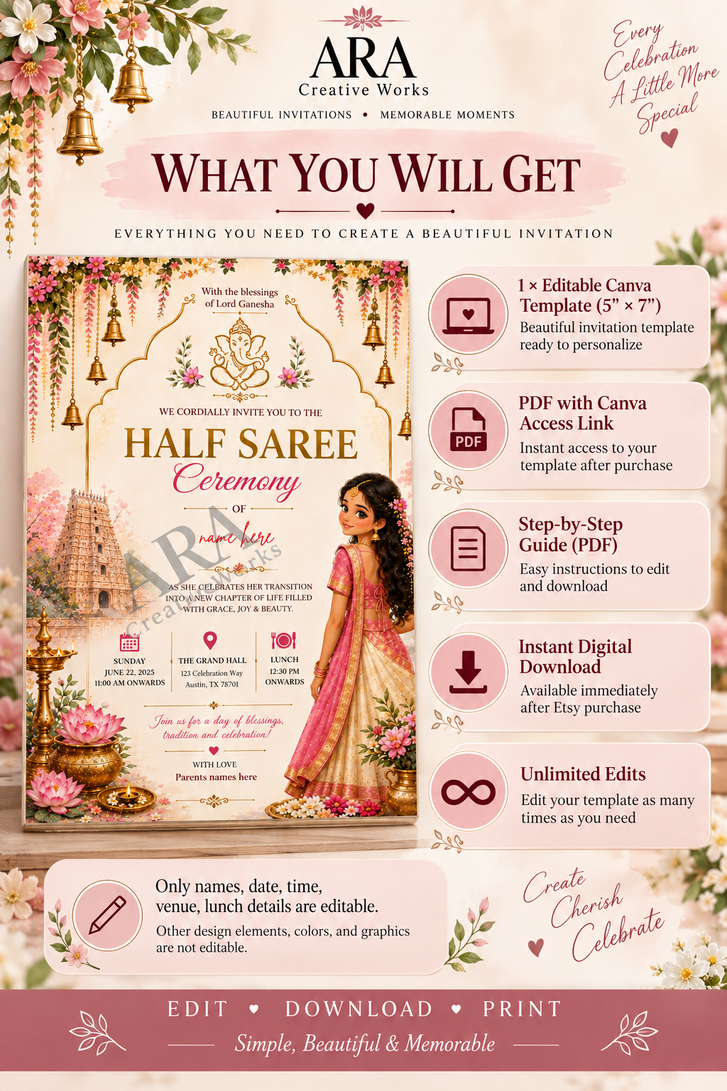 Traditional Ganesha Half Saree Ceremony Invitation