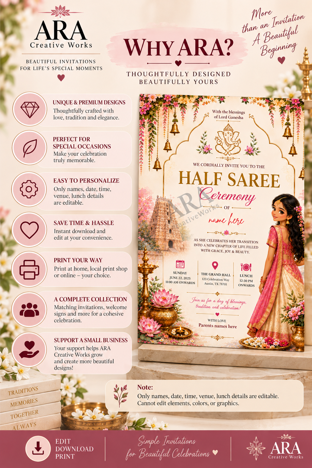 Traditional Ganesha Half Saree Ceremony Invitation