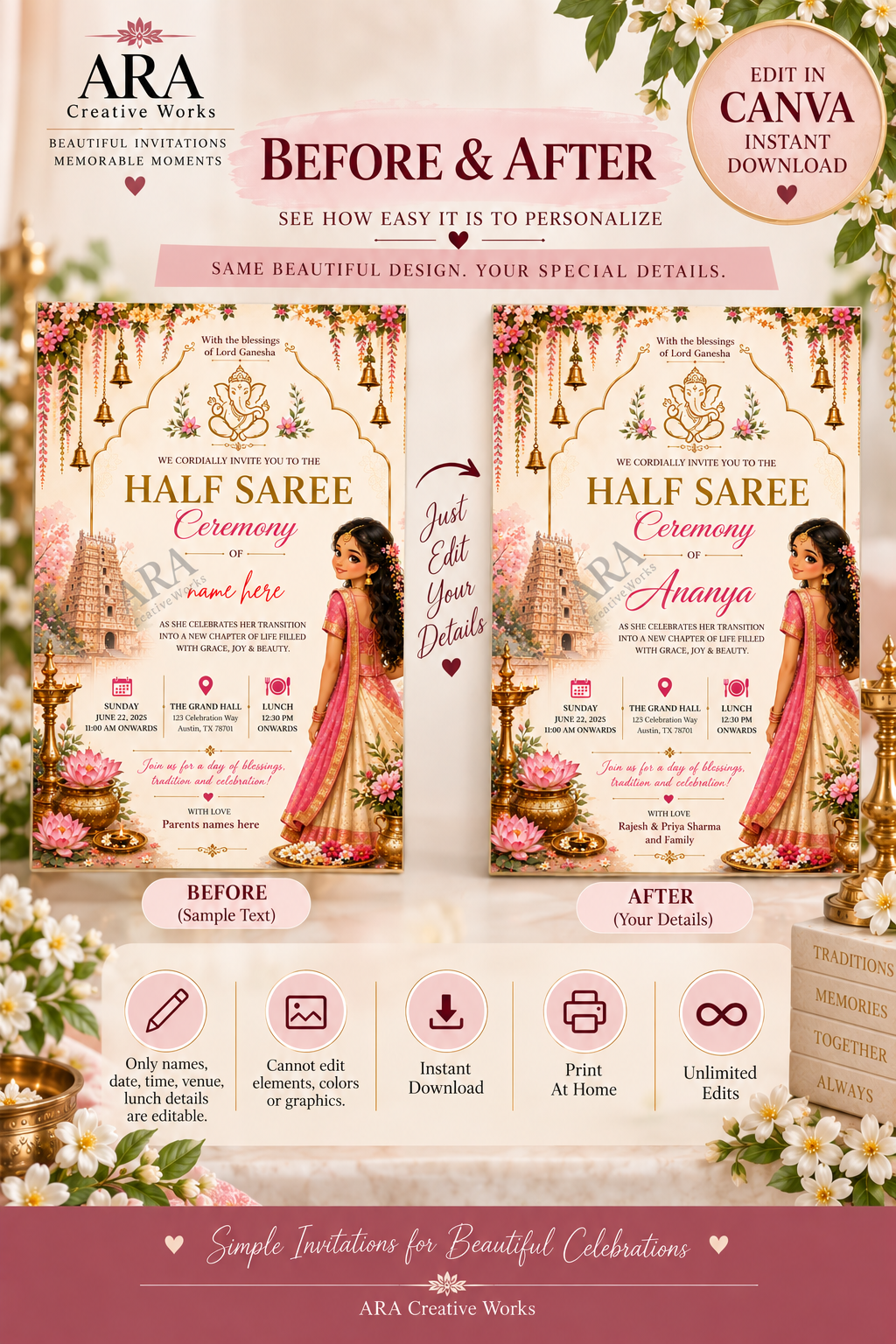 Traditional Ganesha Half Saree Ceremony Invitation