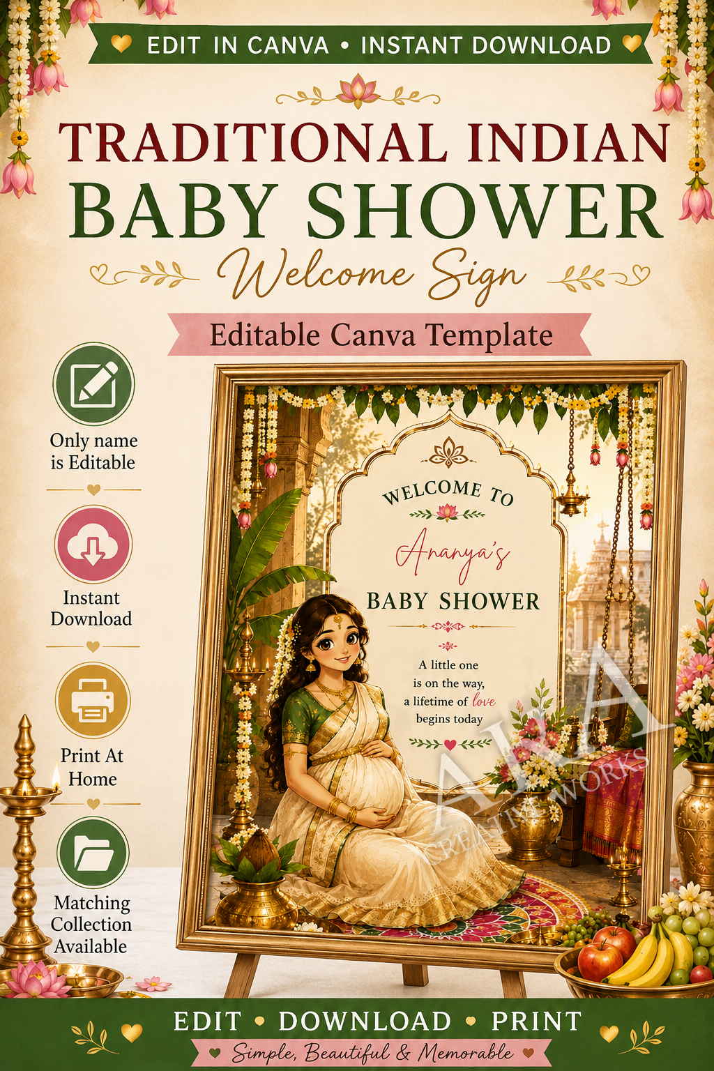 Traditional Indian Baby Shower Welcome Sign, Editable Canva Template, Indian Godh Bharai Welcome Board, Seemantham Baby Shower Sign