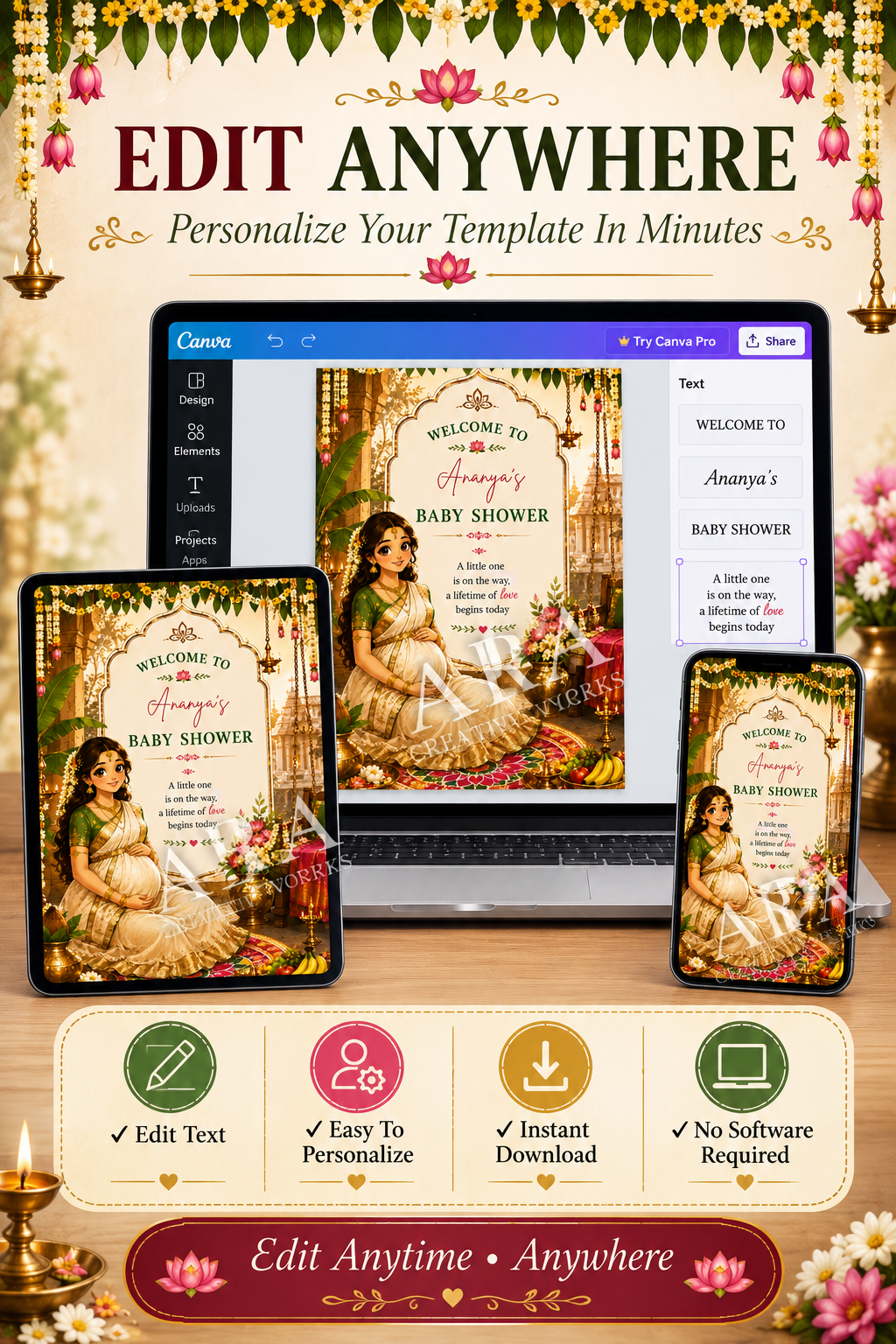 Traditional Indian Baby Shower Welcome Sign, Editable Canva Template, Indian Godh Bharai Welcome Board, Seemantham Baby Shower Sign