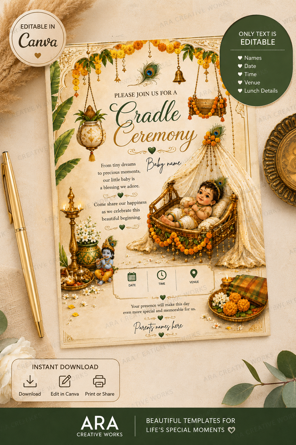 Traditional Little Krishna Cradle Ceremony Invitation | Editable Canva Template | Temple Theme | Instant Download
