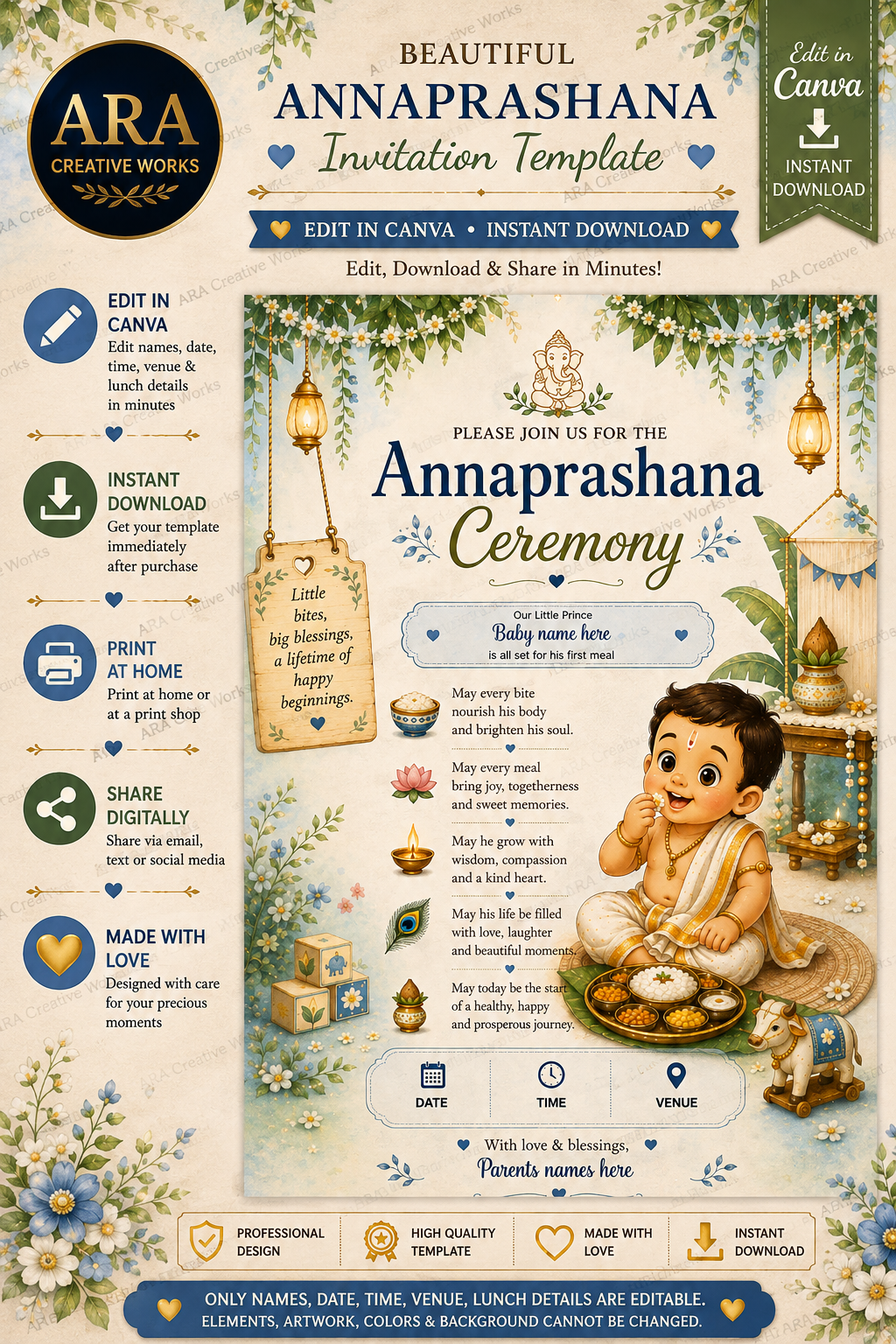 Traditional Little Prince Annaprashana Invitation, Editable Canva First Rice Ceremony Invite, Baby Boy Annaprasana Template