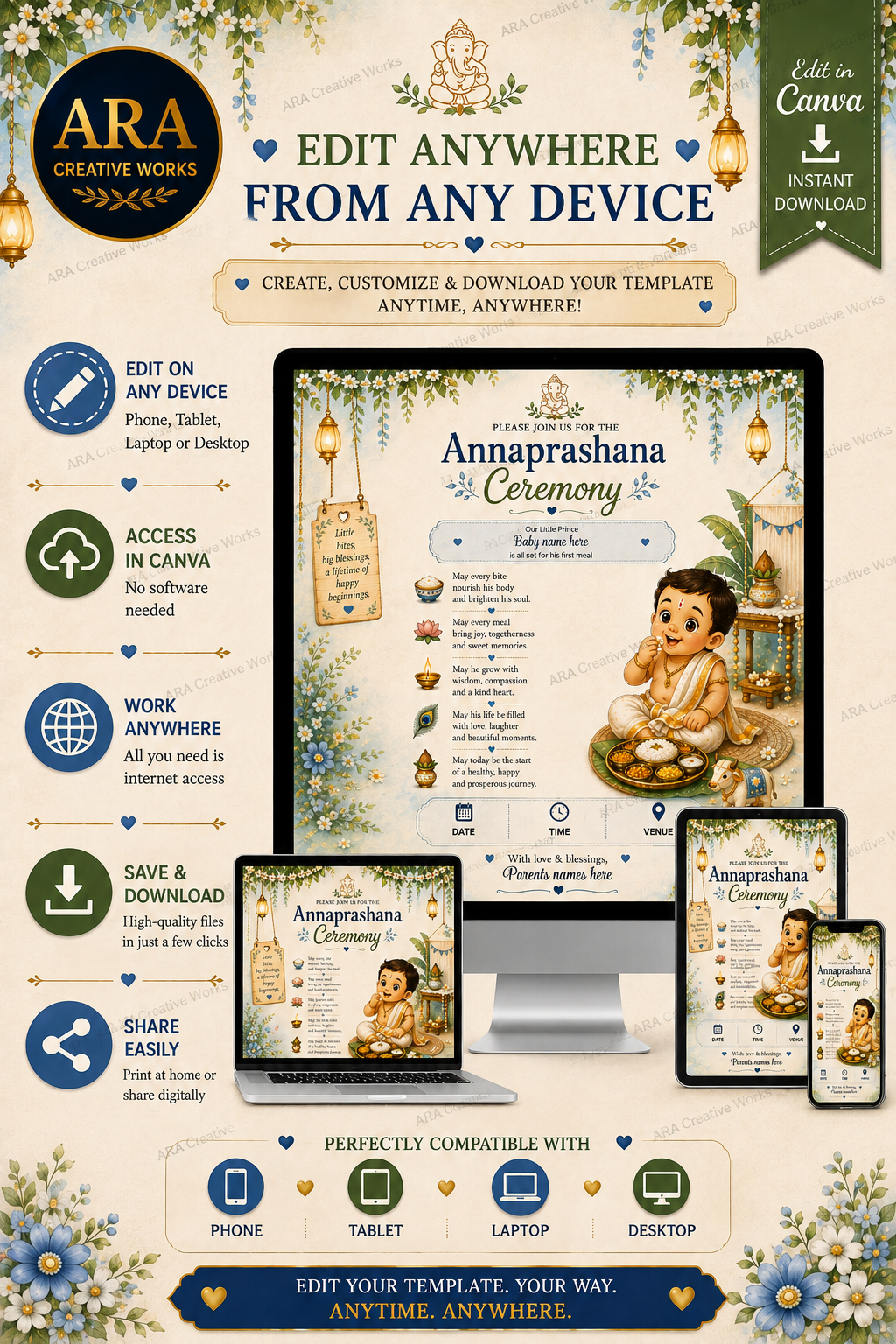 Traditional Little Prince Annaprashana Invitation, Editable Canva First Rice Ceremony Invite, Baby Boy Annaprasana Template
