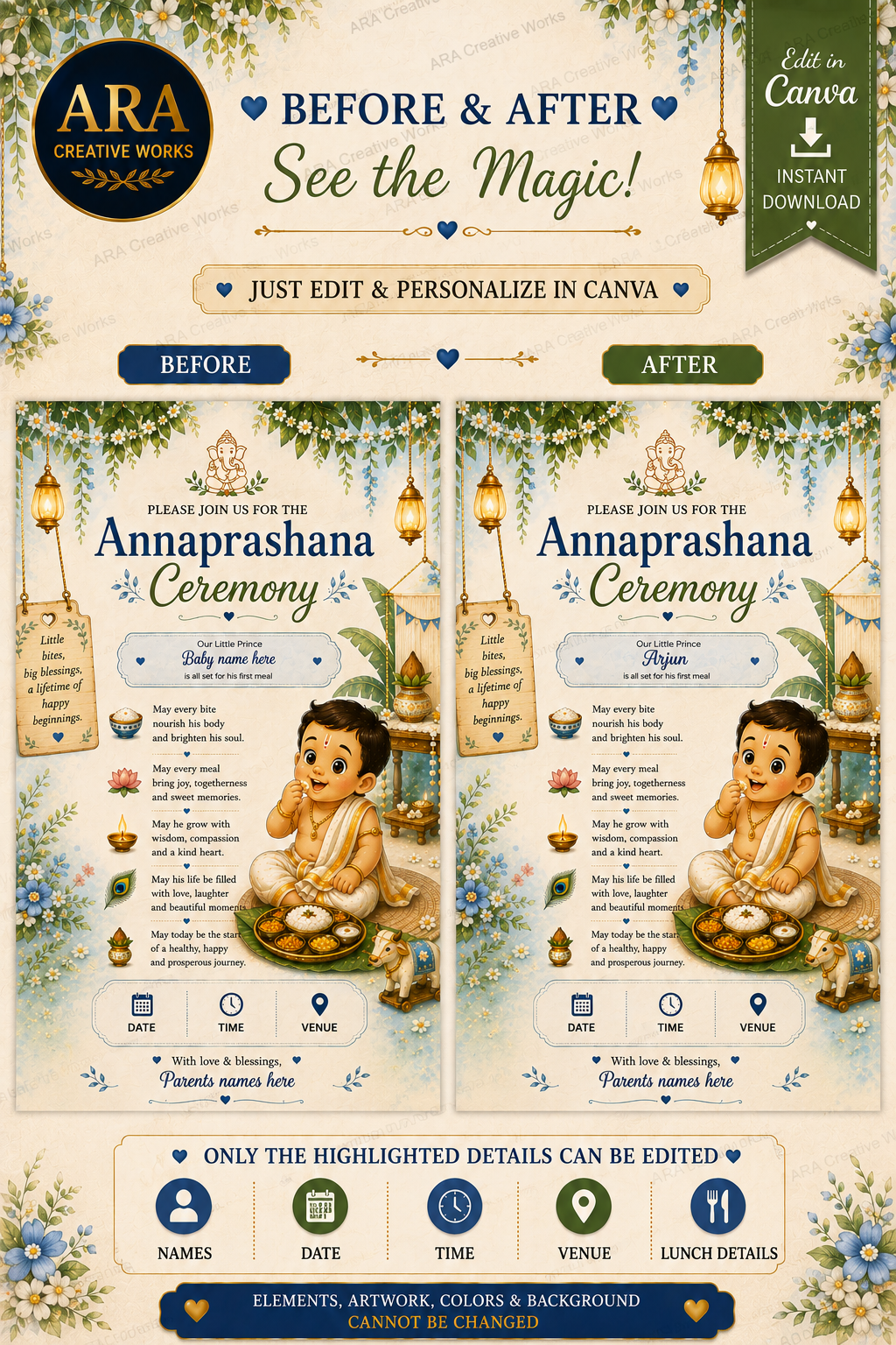 Traditional Little Prince Annaprashana Invitation, Editable Canva First Rice Ceremony Invite, Baby Boy Annaprasana Template