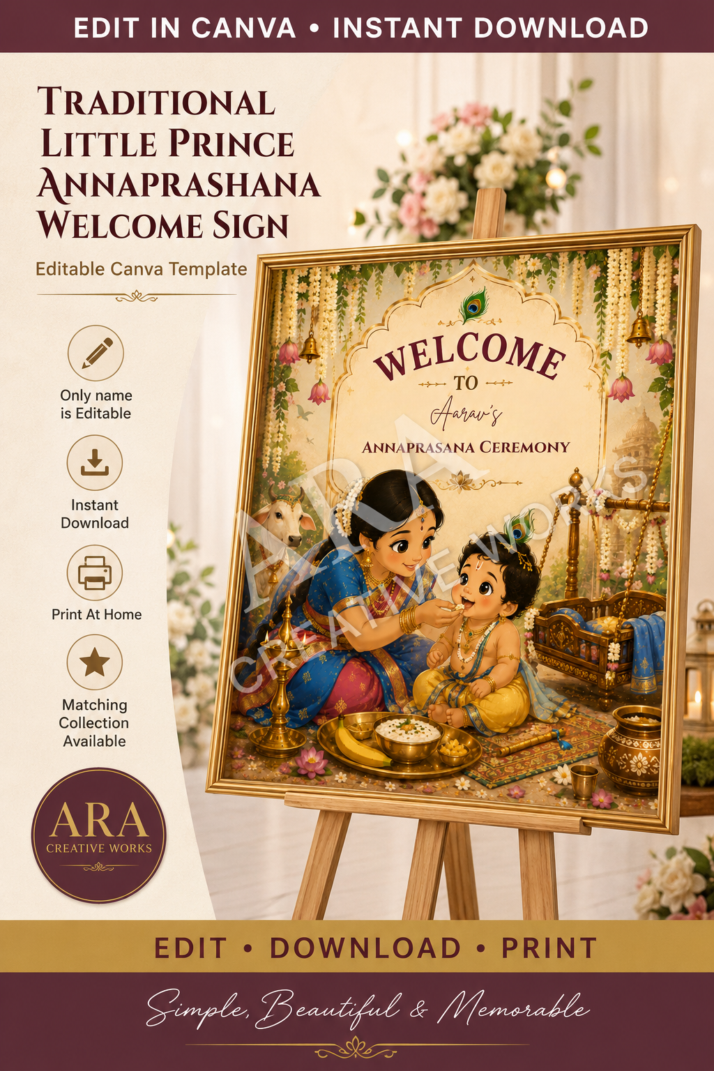 Traditional Little Prince Annaprashana Welcome Sign, First Rice Ceremony Welcome Board, Editable Canva Template, Little Krishna Baby Sign
