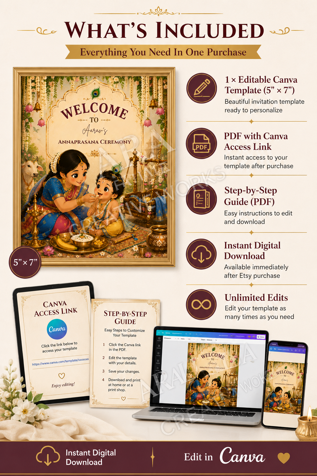 Traditional Little Prince Annaprashana Welcome Sign, First Rice Ceremony Welcome Board, Editable Canva Template, Little Krishna Baby Sign