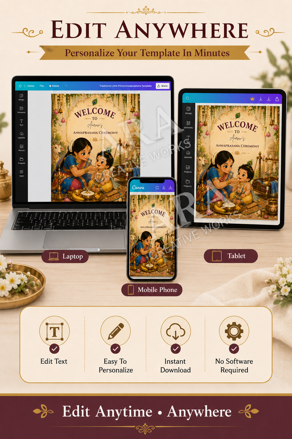 Traditional Little Prince Annaprashana Welcome Sign, First Rice Ceremony Welcome Board, Editable Canva Template, Little Krishna Baby Sign