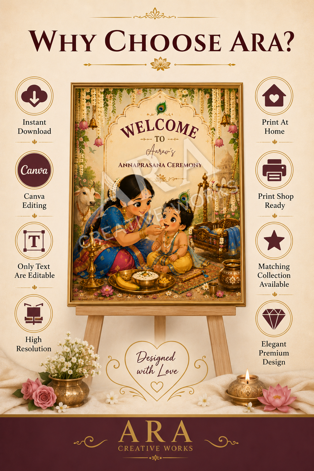 Traditional Little Prince Annaprashana Welcome Sign, First Rice Ceremony Welcome Board, Editable Canva Template, Little Krishna Baby Sign