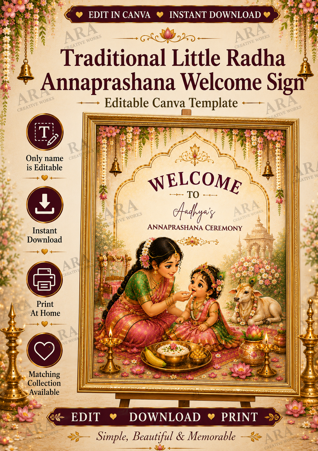 Little Radha Annaprashana Welcome Sign, Baby Girl Annaprasana Ceremony, Editable Canva Template, Hindu First Feeding Welcome Board