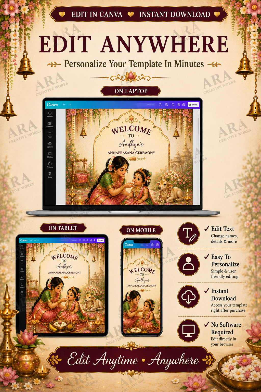 Little Radha Annaprashana Welcome Sign, Baby Girl Annaprasana Ceremony, Editable Canva Template, Hindu First Feeding Welcome Board