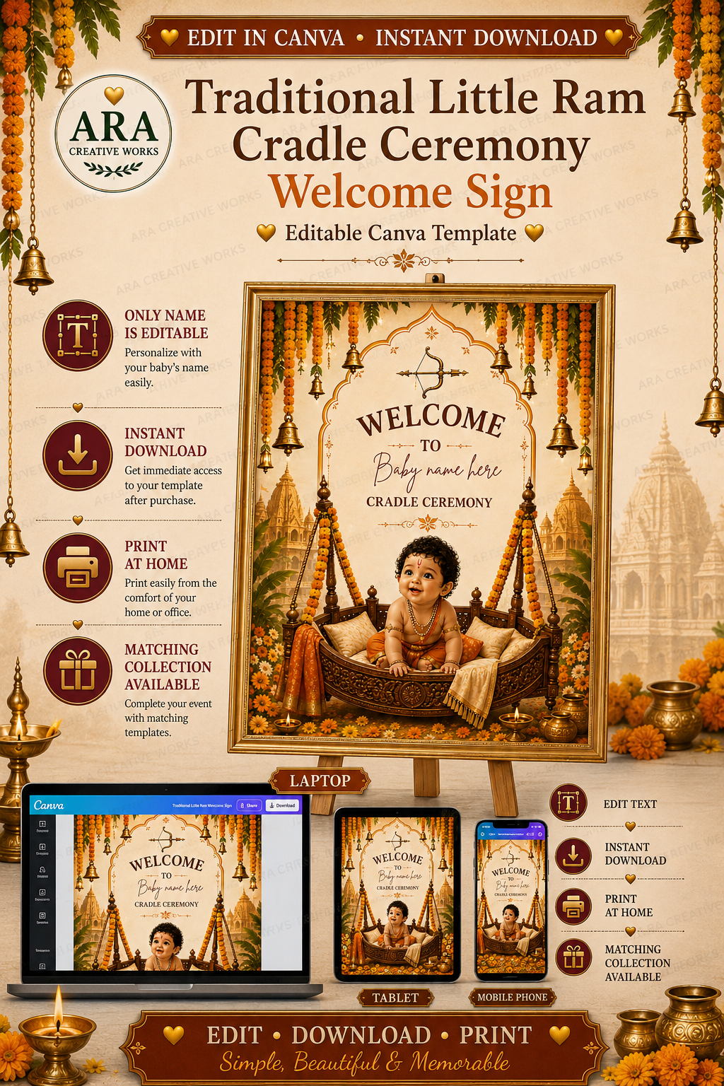 Traditional Little Ram Cradle Ceremony Welcome Sign, Baby Boy Naming Ceremony Welcome Board, Indian Canva Template, Digital Download