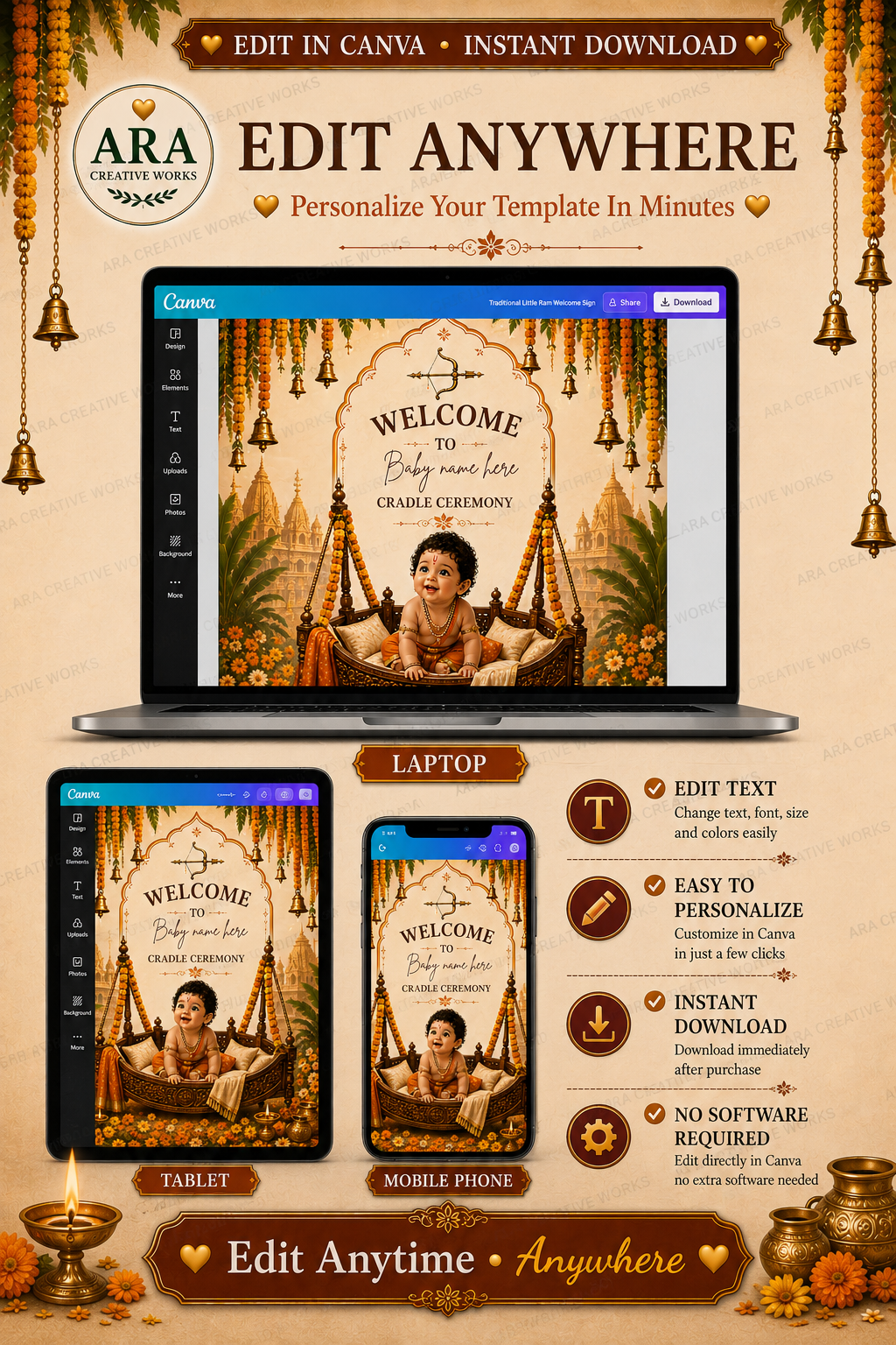 Traditional Little Ram Cradle Ceremony Welcome Sign, Baby Boy Naming Ceremony Welcome Board, Indian Canva Template, Digital Download