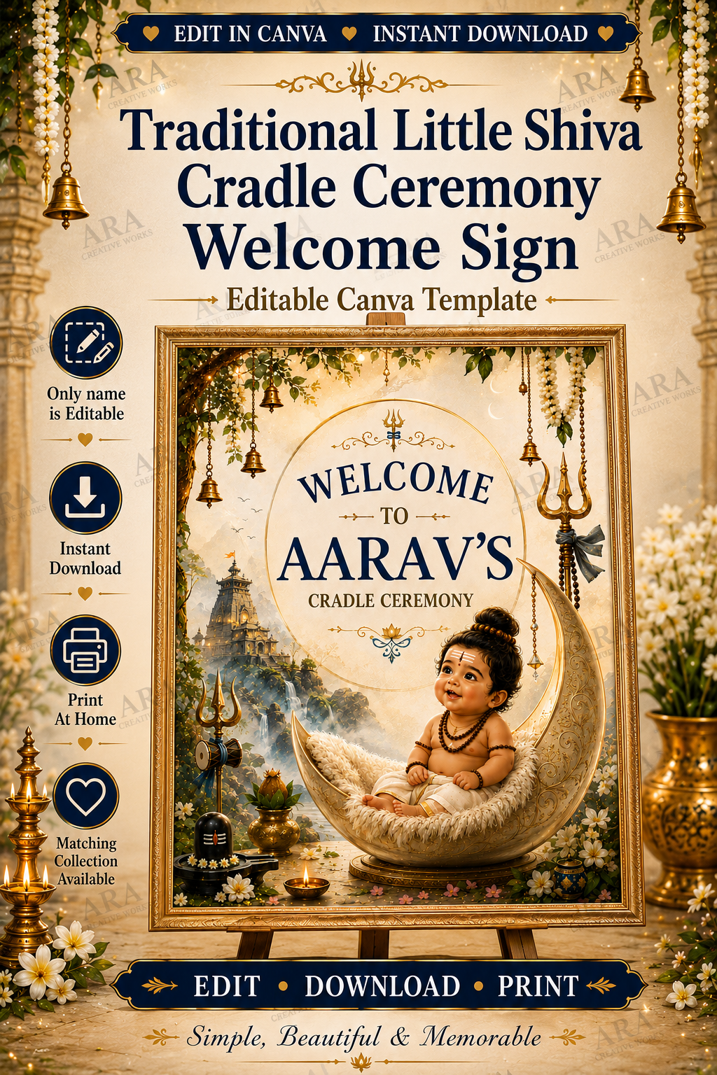 Traditional Little Shiva Cradle Ceremony Welcome Sign, Baby Boy Naming Ceremony Welcome Board, Indian Canva Template, Digital Download
