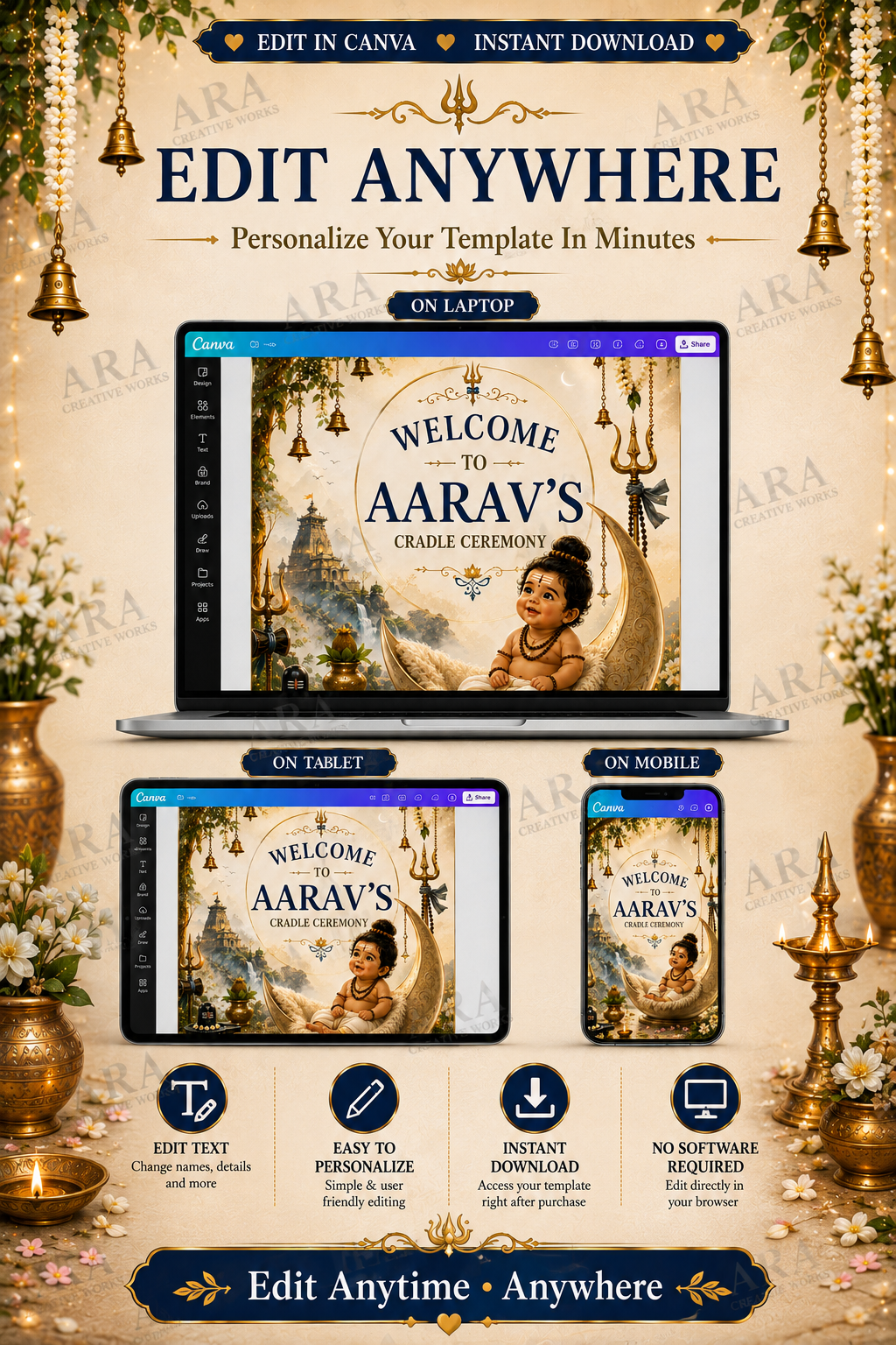 Traditional Little Shiva Cradle Ceremony Welcome Sign, Baby Boy Naming Ceremony Welcome Board, Indian Canva Template, Digital Download