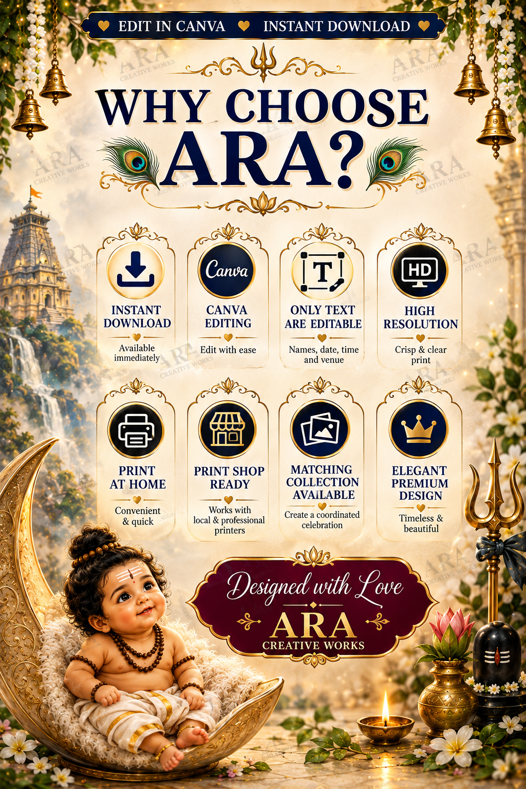 Traditional Little Shiva Cradle Ceremony Welcome Sign, Baby Boy Naming Ceremony Welcome Board, Indian Canva Template, Digital Download