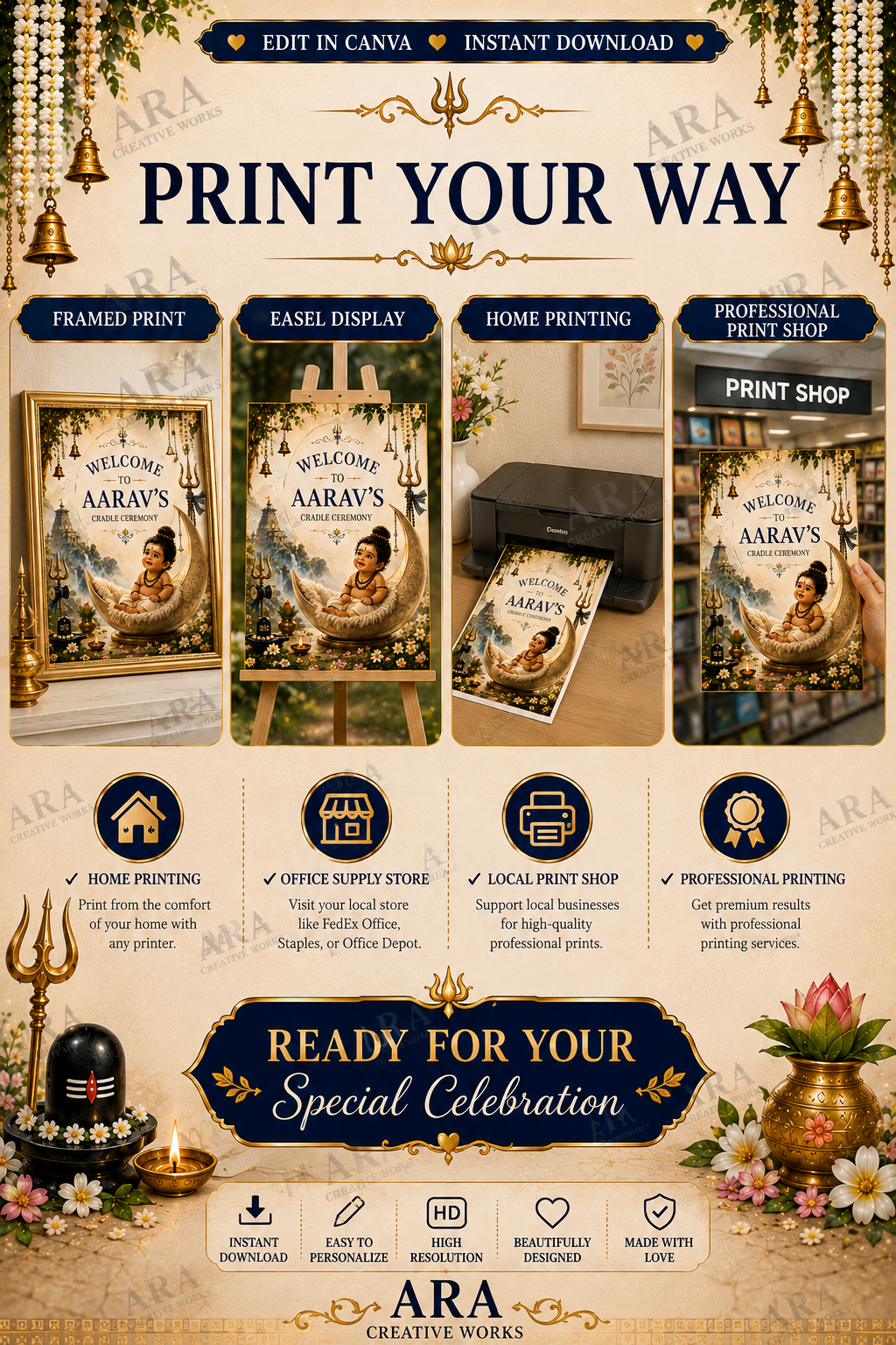 Traditional Little Shiva Cradle Ceremony Welcome Sign, Baby Boy Naming Ceremony Welcome Board, Indian Canva Template, Digital Download