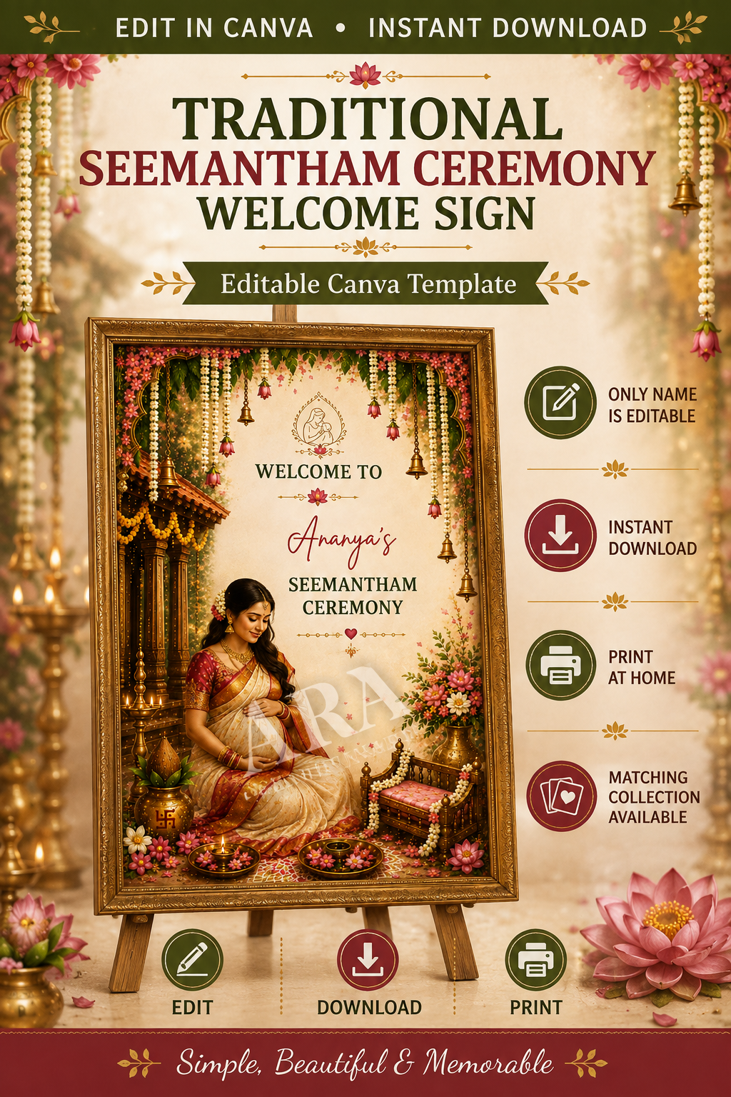 Traditional Seemantham Ceremony Welcome Sign | South Indian Baby Shower Welcome Board | Editable Canva Template | Indian Valaikappu Decor