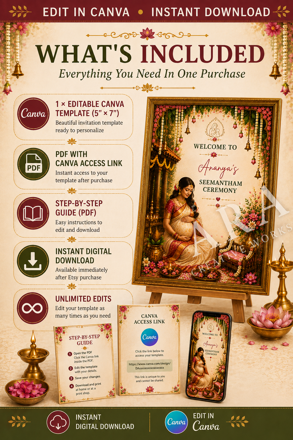 Traditional Seemantham Ceremony Welcome Sign | South Indian Baby Shower Welcome Board | Editable Canva Template | Indian Valaikappu Decor