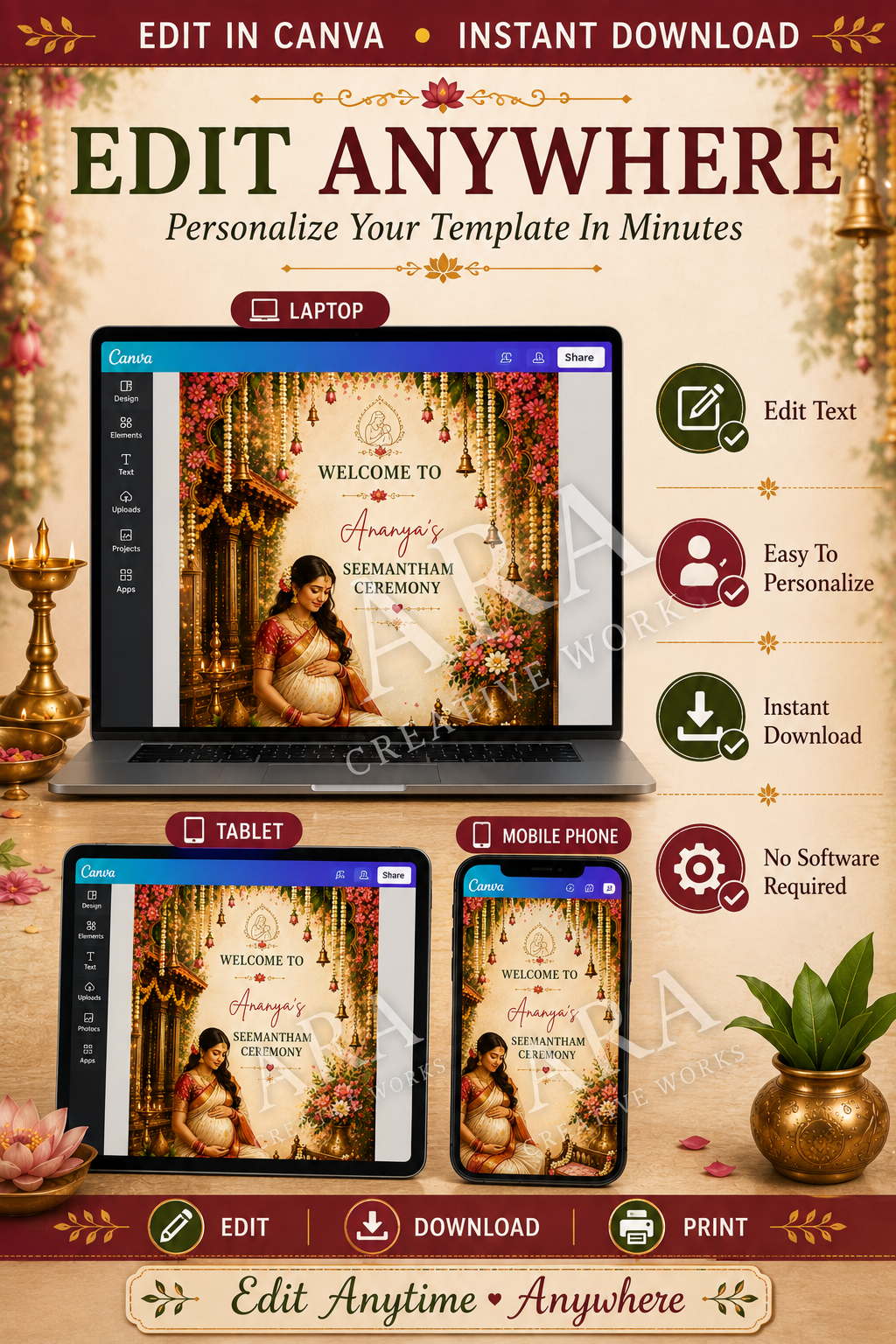 Traditional Seemantham Ceremony Welcome Sign | South Indian Baby Shower Welcome Board | Editable Canva Template | Indian Valaikappu Decor