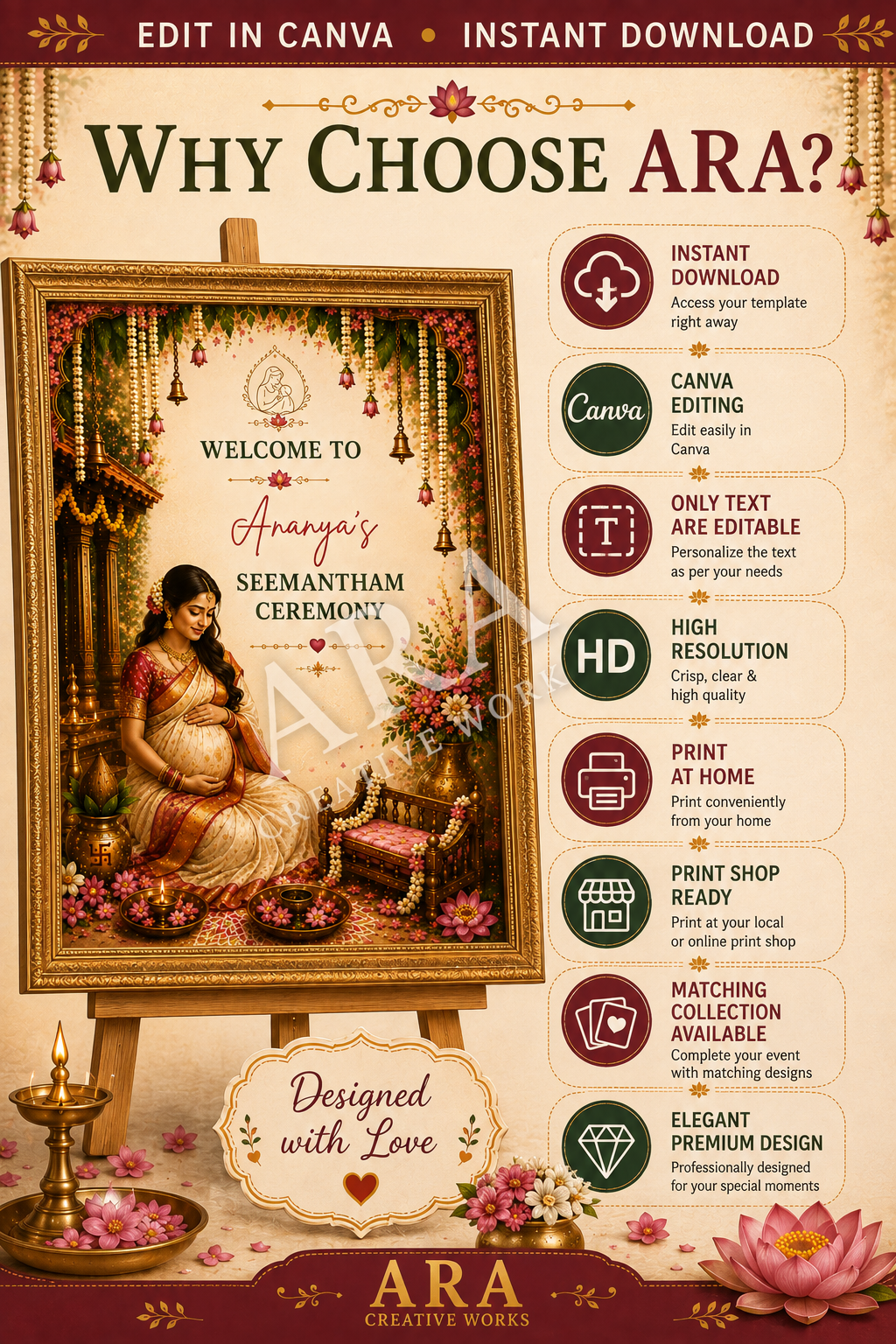 Traditional Seemantham Ceremony Welcome Sign | South Indian Baby Shower Welcome Board | Editable Canva Template | Indian Valaikappu Decor
