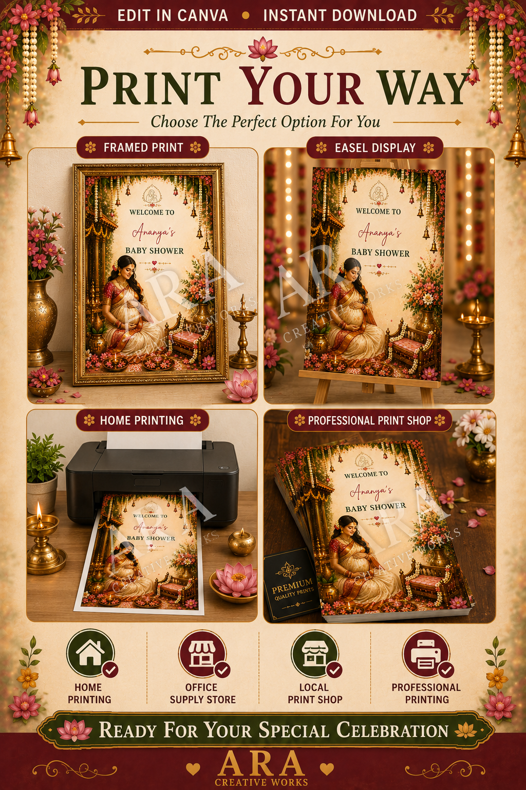 Traditional Seemantham Ceremony Welcome Sign | South Indian Baby Shower Welcome Board | Editable Canva Template | Indian Valaikappu Decor