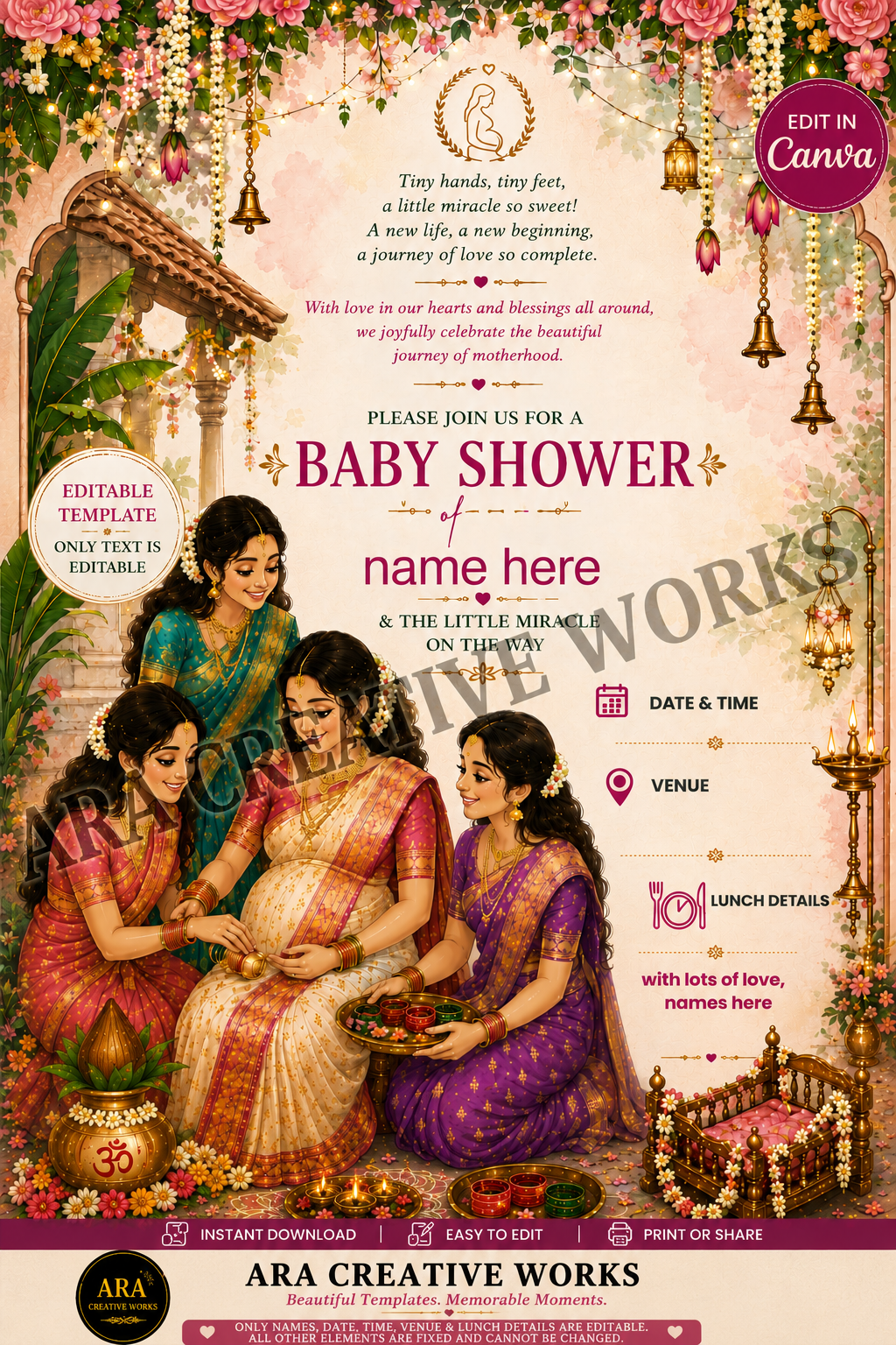 Traditional Seemantham Invitation | Editable Canva Baby Shower Invitation | Digital Download